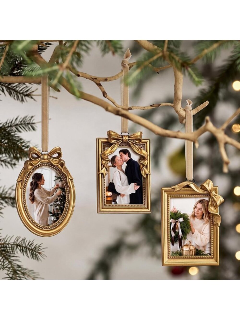 Vintage Gold Mini Christmas Photo Frames - 12 Pcs Hanging Ornaments for Holiday